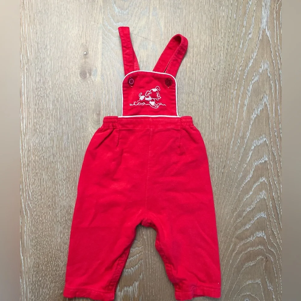 Carter’s Girls red ribbed overalls puppy stitching cotton‎ medium (15-22lbs) VTG